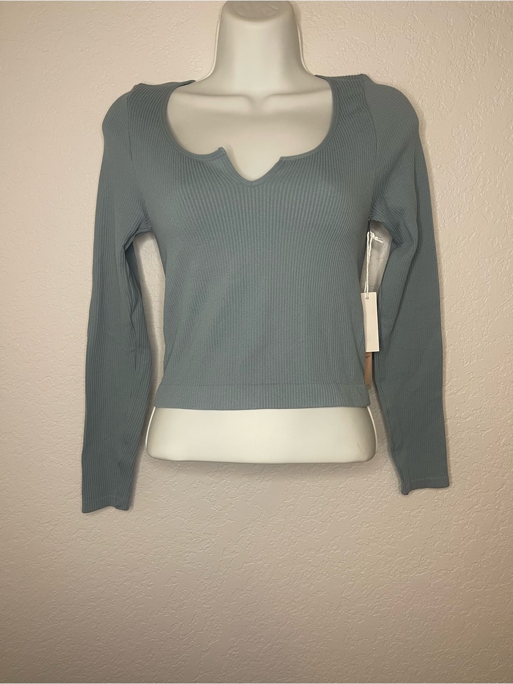 Ribbed Notch-Neck Crop Top - Dusty Blue